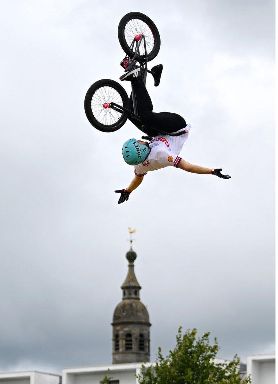 Declan Brooks of Great Britain competes in his first run during the BMX freestyle park, men elite final