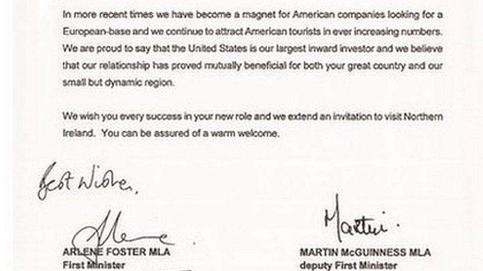 A letter to Donald Trump from Arlene Foster and Martin McGuinness