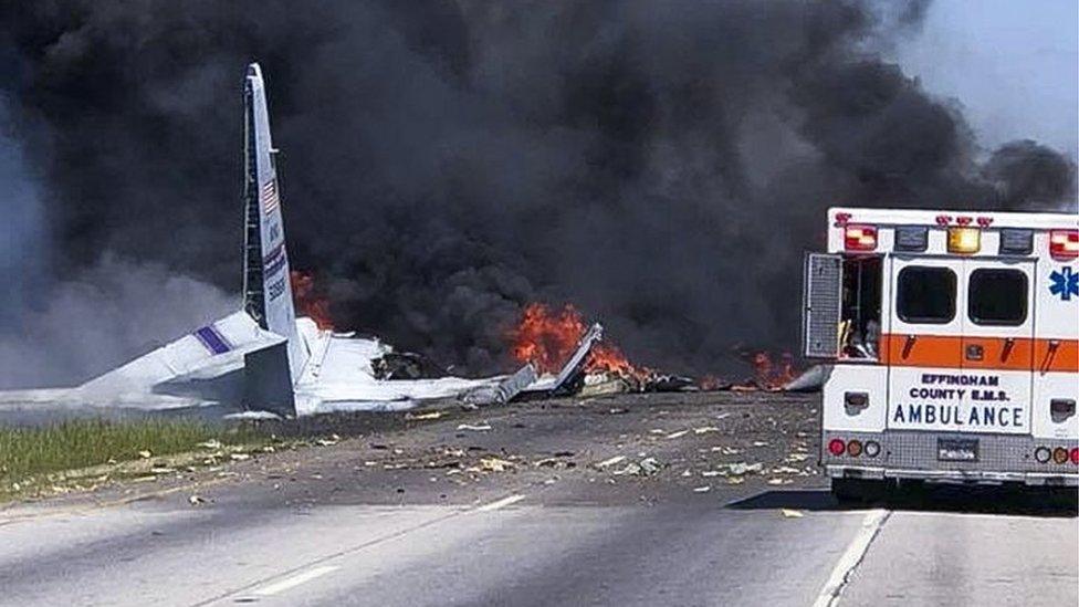 A handout photo made available by the Savannah Professional Firefighters Association on 2 May 2018 shows an apparent military aircraft crash outside of Savannah, in Port Wentworth, Georgia, USA