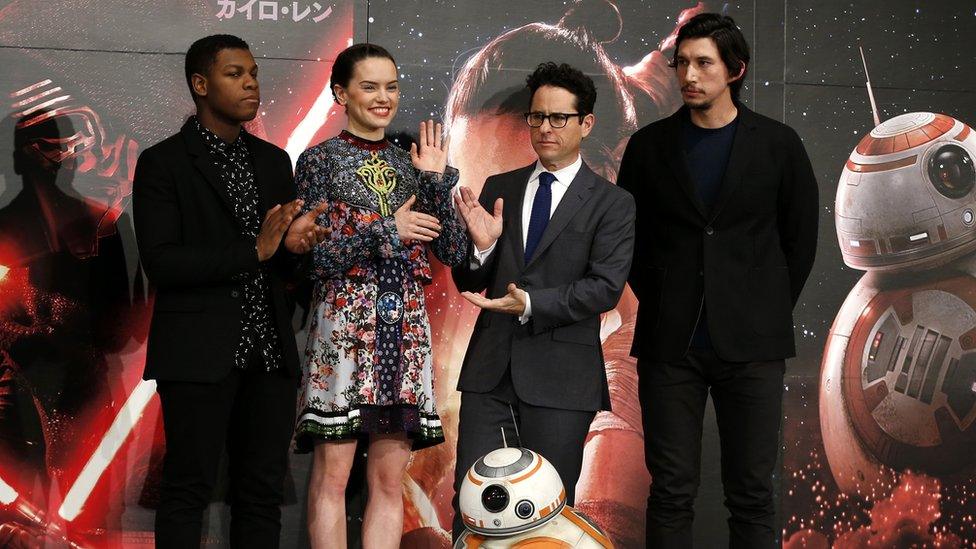 John Boyega, Daisy Ridley, JJ Abrams and Adam Driver at a press conference for Star Wars: The Force Awakens