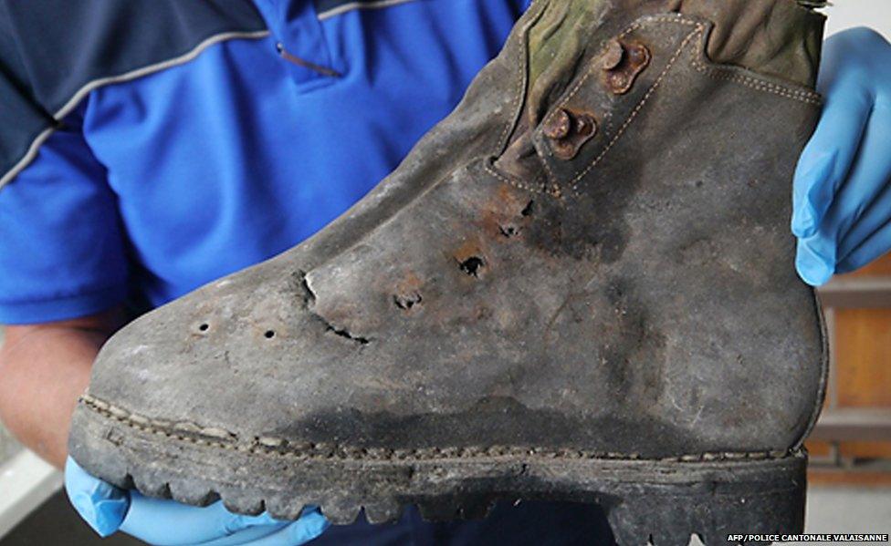 A mountain shoe found next to the remains of two Japanese climbers who disappeared in the Swiss Alps in 1970.