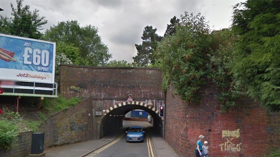 A daylight view of the railway bridge