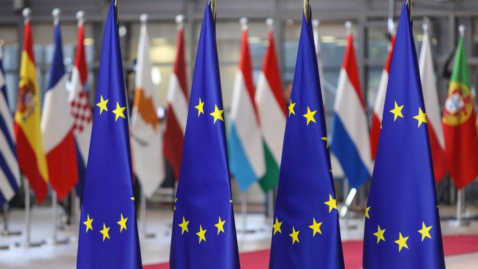 Four EU flags in the foreground and national flags in the background