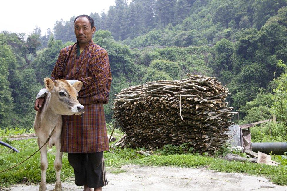 Farmer Norbu with young calf