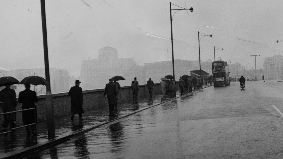 People crossing Waterloo Bridge in 1956