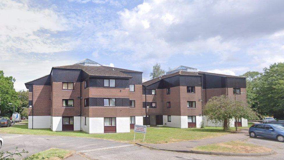 View of a block of flats on Arthur Road, Ifield, Crawley