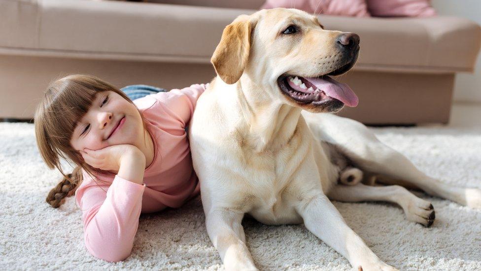 Girl lying with pet dog