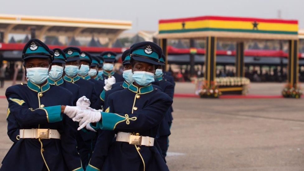 Military officials march close to former Ghana President Jerry John Rawlings' casket during the final Funeral Rites in Accra, Ghana, on January 27, 2021.