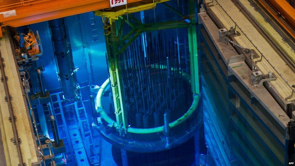 Picture taken of the Unit 1's switched off nuclear reactor core, containing the control rods, at the nuclear power plant of Saint-Laurent-des-Eaux, in Saint-Laurent-Nouan, central France, on 20 April 2015, during a ten-yearly control visit.