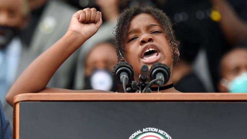 Yolanda Renee King, granddaughter of Martin Luther King Jr. speaks at the Lincoln Memorial during the "Commitment March: Get Your Knee Off Our Necks" protest