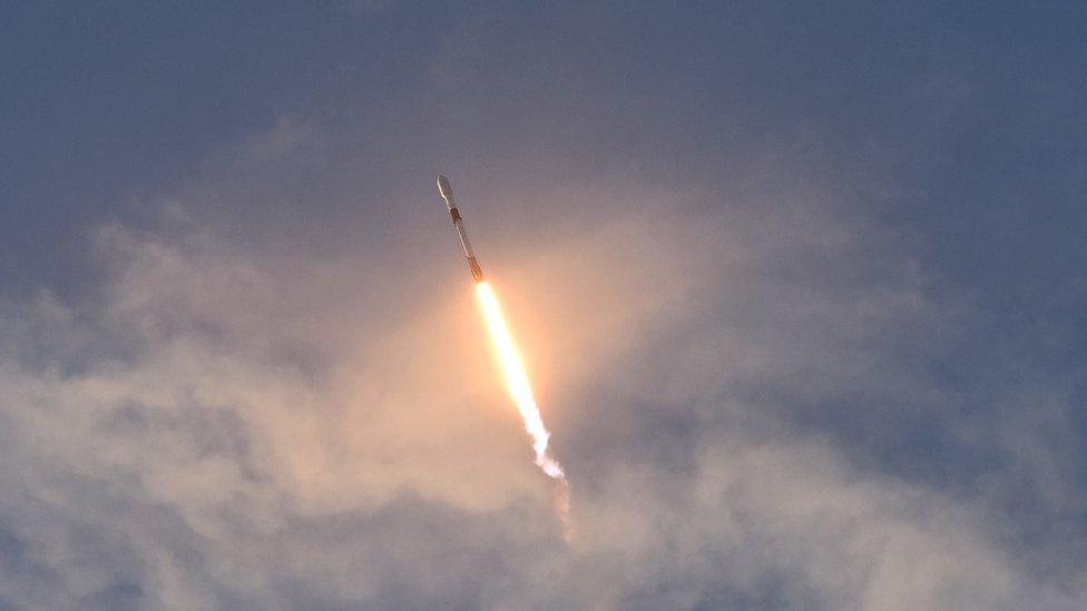 SpaceX Falcon 9 rocket carrying 60 Starlink satellites launches from pad 39A at the Kennedy Space Center on October 6, 2020 in Cape Canaveral, Florida