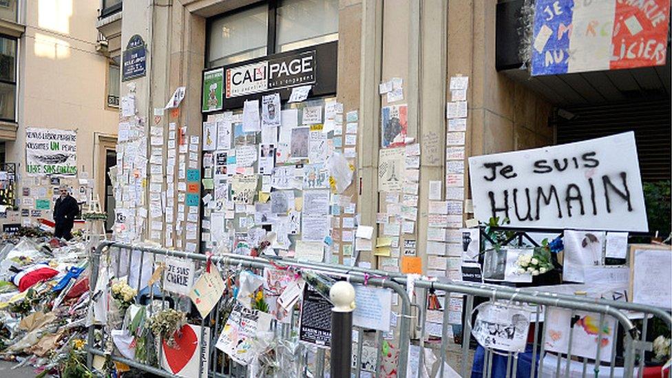 Tributes near the Charlie Hebdo offices more than a month after the terrorist attacks in February 2015 in Paris, France.