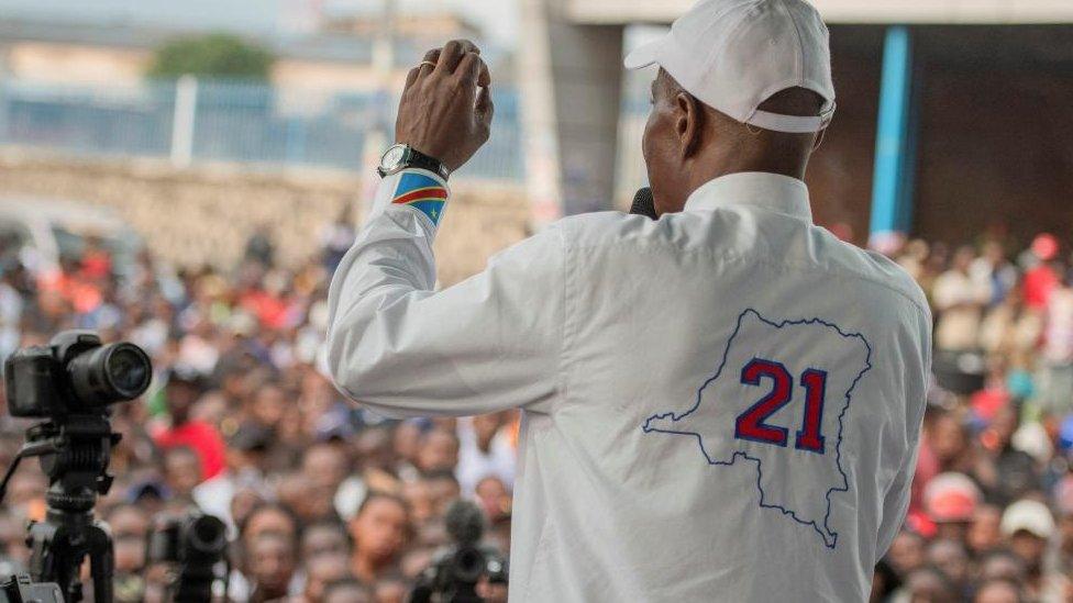 Congolese Presidential candidate Martin Fayulu addresses his supporters during a campaign rally in Goma, North Kivu province, Democratic Republic of the Congo, November 30, 2023