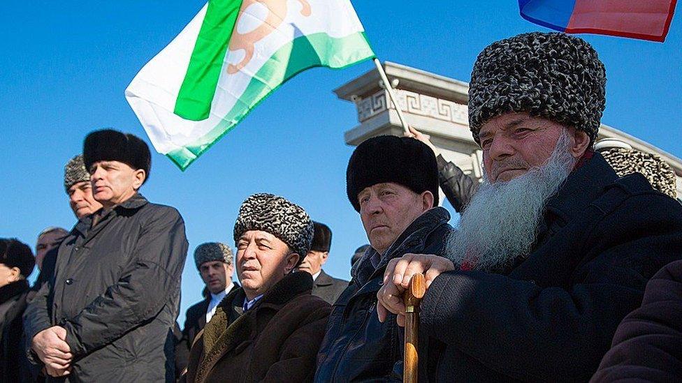 Ingushetians attend a commemoration ceremony for the victims of the 1944 exile ordered by Stalin