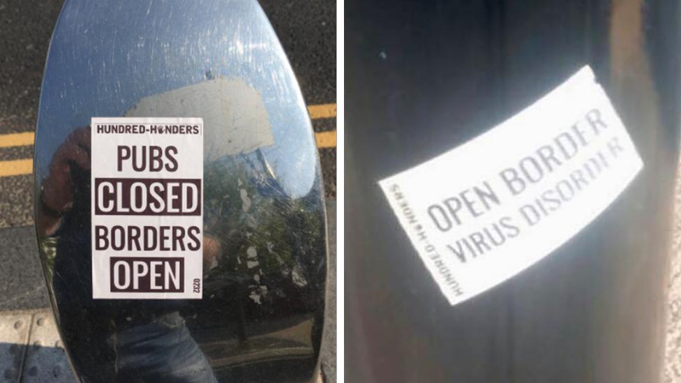 A composite image of two stickers reading: "Pubs closed, borders open" and "Open border, virus disorder"