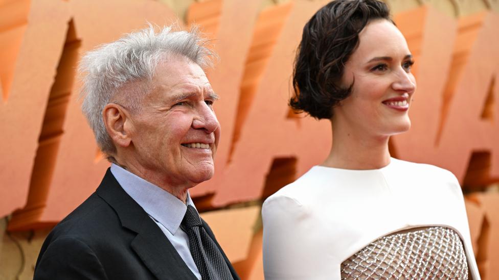 Phoebe Waller-Bridge and Harrison Ford attend the UK Premiere of Lucasfilm' "Indiana Jones and the Dial of Destiny" at Cineworld Leicester Square on June 26, 2023 in London, England