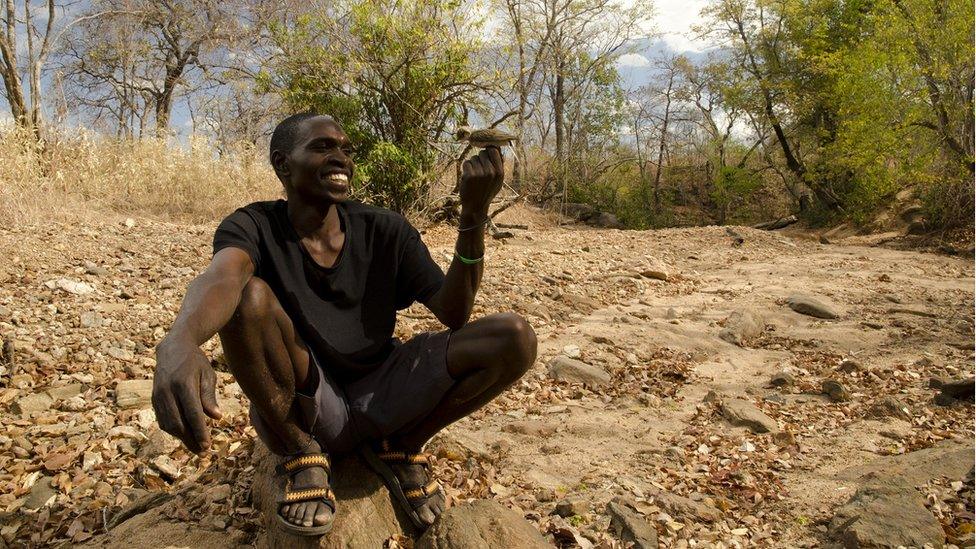 hunter holding honeyguide bird