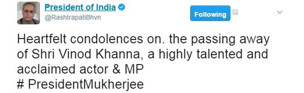 Heartfelt condolences on. the passing away of Shri Vinod Khanna, a highly talented and acclaimed actor & MP # PresidentMukherjee