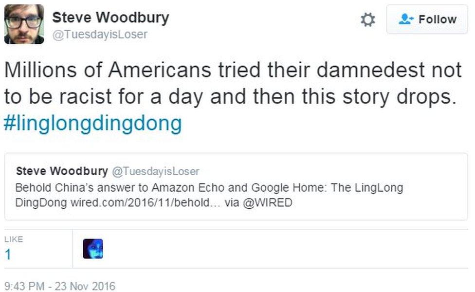 Screenshot of tweet saying "Millions of Americans tried their damnedest not to be racist for a day and then this story drops. #linglongdingdong"