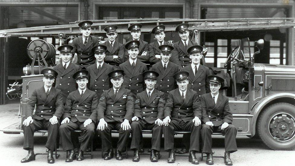 Blue Watch at Nottingham's Central Fire Station in 1938