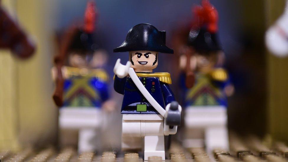 A Lego-bricks-made scene of the life of former French emperor Napoleon I, is displayed at an exhibition recreating former French emperor Napoleon I life, in Waterloo, on 29 May 2015