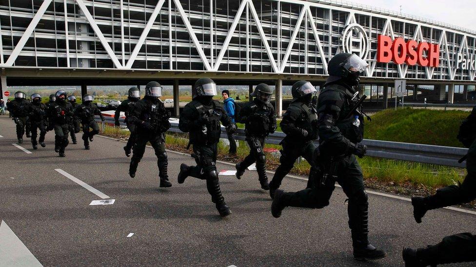 German riot police is pictured during the AfD party congress in Stuttgart, Germany, April 30, 2016