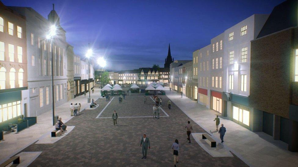 A computer generated image of what High Town in Hereford will look like after regeneration by night