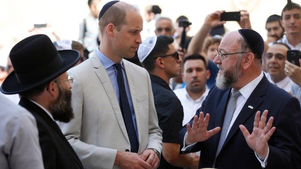 The Duke of Cambridge with Western Wall chief Rabbi Shmuel Rabinovitch (left) and British chief Rabbi Ephraim Mirvis