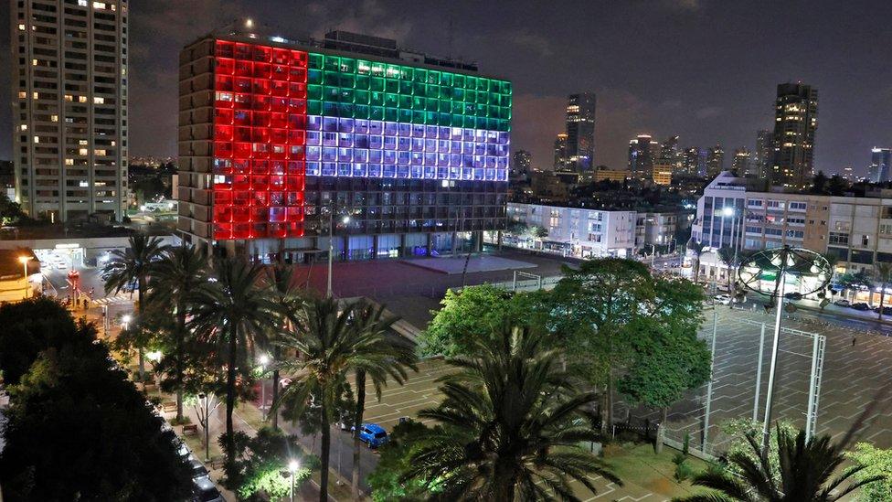 Municipality building in Tel Aviv lit up in colours of UAE flag (13/08/20)