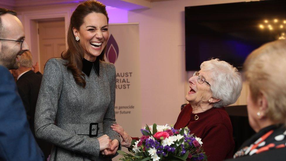 The Duchess of Cambridge shares a joke with Holocaust survivor Yvonne Bernstein after the UK Holocaust Memorial Day Commemorative Ceremony at Central Hall in Westminster