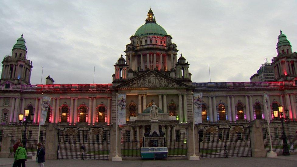 Belfast City Hall with rainbow lighting