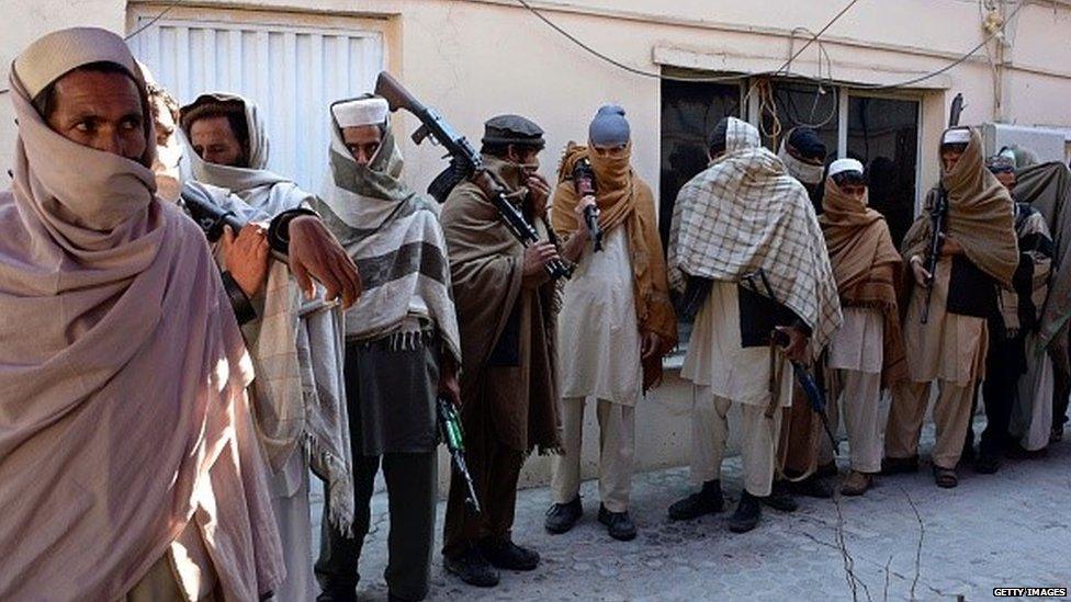 Former Taliban fighters holding weapons before they hand them over as part of a government peace and reconciliation process at a ceremony in Jalalabad (08 February 2015)