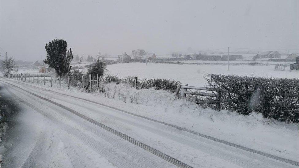 Snow on a country road near Enniskillen