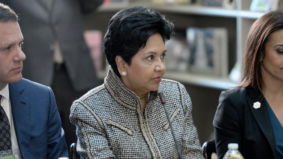 Indra Nooyi, CEO, Pepsi listens as US President Donald Trump speaks during a strategic and policy discussion with CEOs in the State Department Library in the Eisenhower Executive Office Building (EEOB) on April 11, 2017 in Washington, DC.