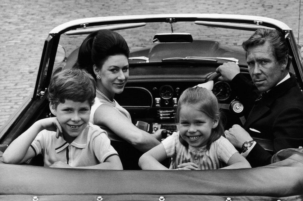 Princess Margaret, Lord Snowdon and their children David and Sarah in an open top car taken by Tom Murray in 1969