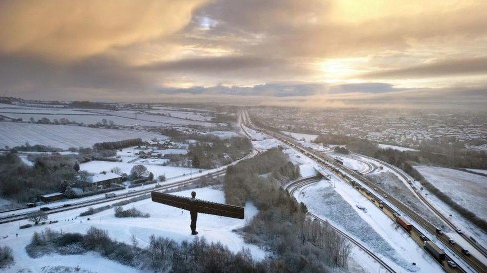 The Angel of the North statue in Gateshead covered in snow