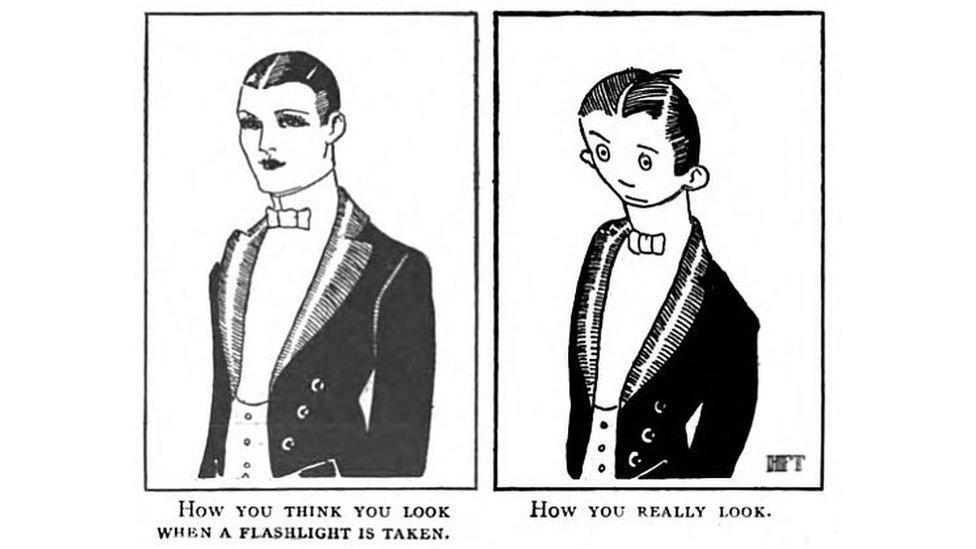 On the left of the cartoon, a well-dressed attractive gentleman is captioned with "How you think you look when a flashlight is taken". On the right, an unattractive gentleman is captioned with "How you really look".