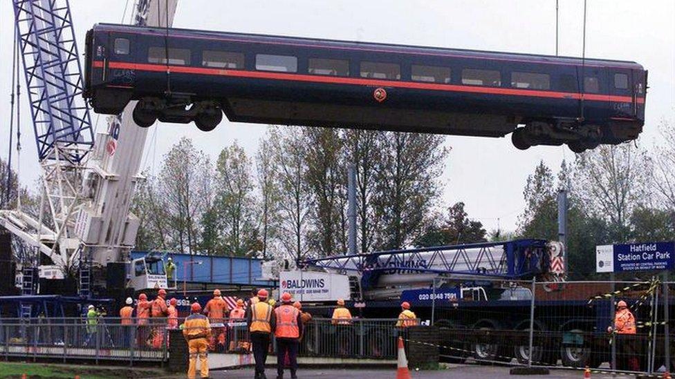 A carriage lifted from the scene of the Hatfield rail crash