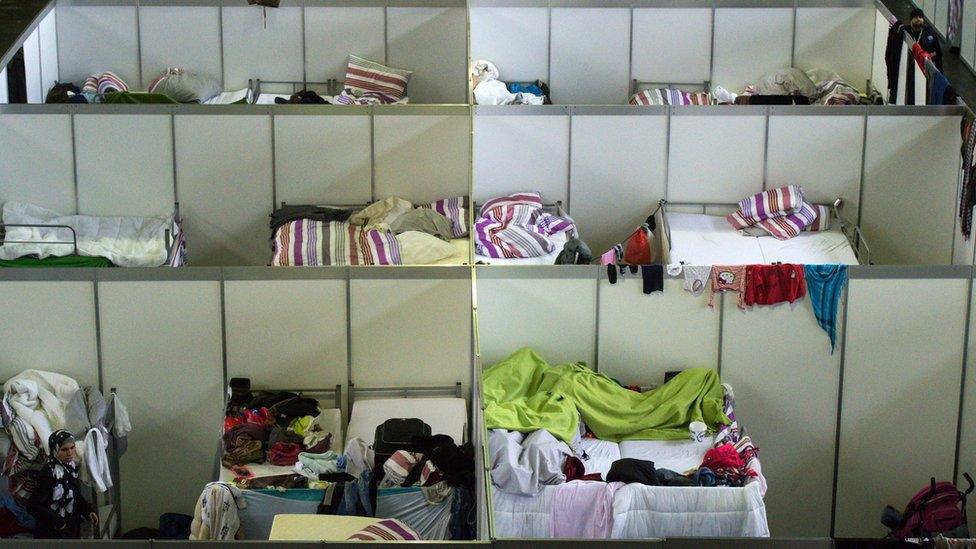 Several bunk beds stand in the family quarters inside a hangar at the former Tempelhof Airport in Berlin, Germany, 09 December 2015.