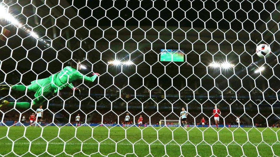 Goalkeeper Thibaut Courtois of Belgium is beaten as Wales goes 3-1 up