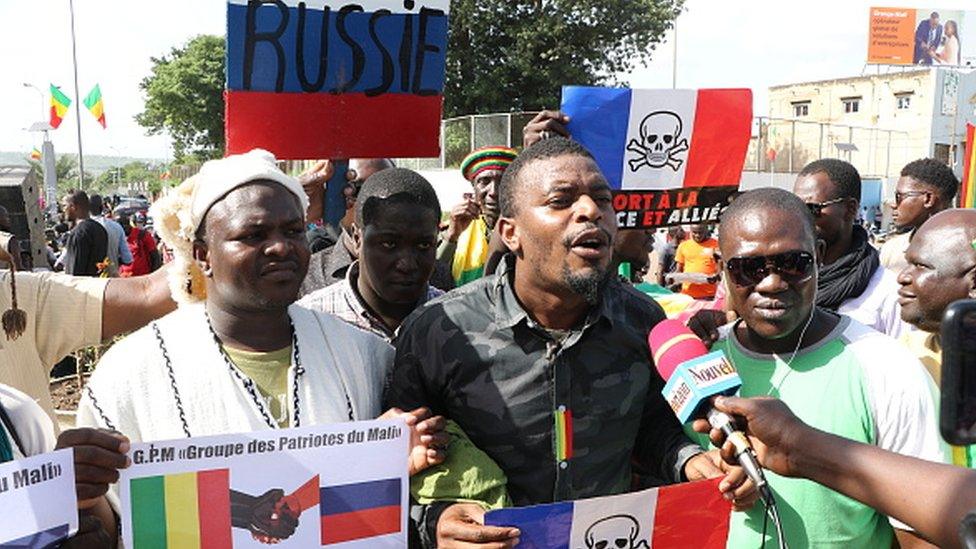 Malians stage a protest against France at the Independence Square in Bamako