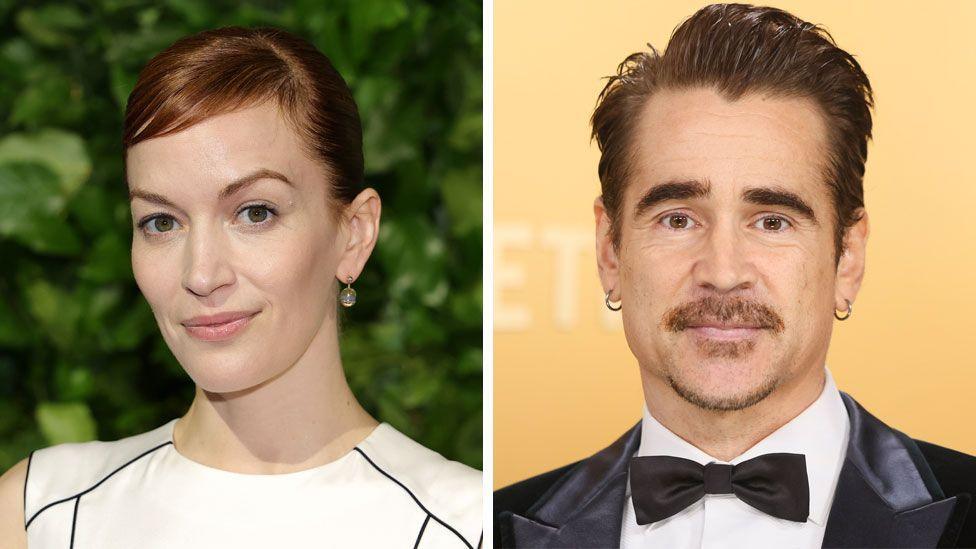 Severance star Britt Lower and Penguin star Colin Farrell in a composite image. Lower is in a white dress and has a slight smile. Farrell is in a tuxedo and has a neutral expression.