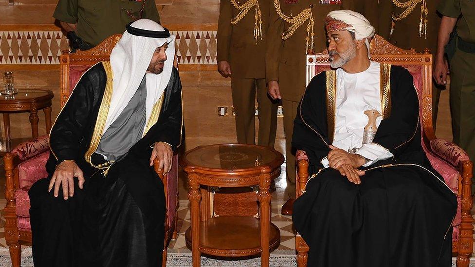 Abu Dhabi's Crown Prince Sheikh Mohammed bin Zayed (L) is received by Oman's Sultan Haitham in Muscat on 12 January 2020