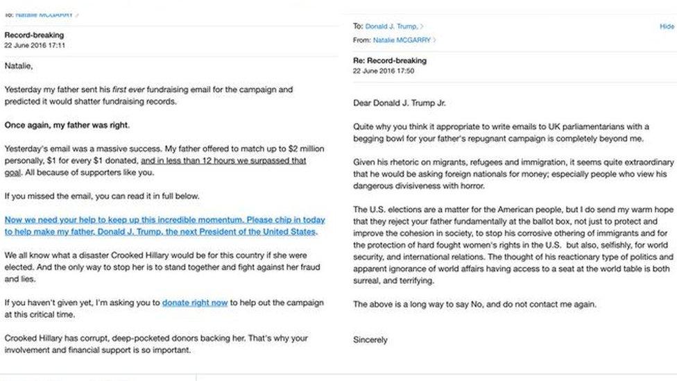 A fundraising email from Donald Trump and MP Natalie McGarry's response