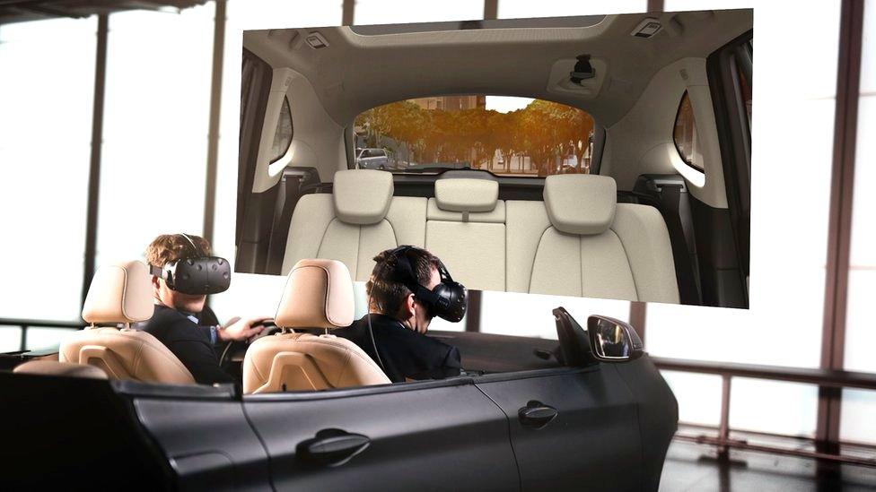 Men wearing VR masks in car mock up