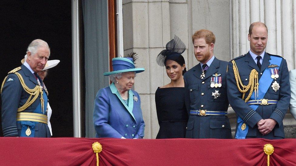 (L-R): The Prince of Wales, the Queen, the Duchess of Sussex, the Duke of Sussex, and the Duke of Cambridge