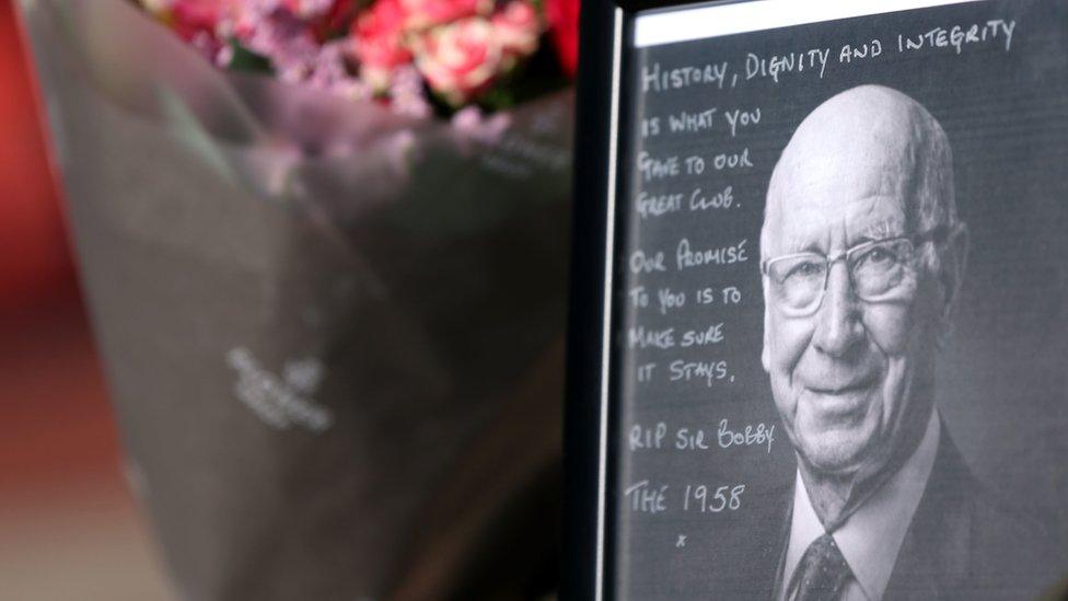 Tribute left at Old Trafford to Sir Bobby Charlton