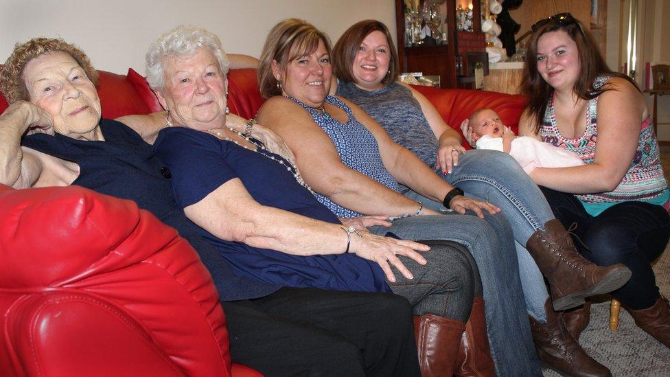 A 2016 picture showing Vera Sommerfeld, 96, with her adult descendants - and the sixth generation, newborn baby Callie.