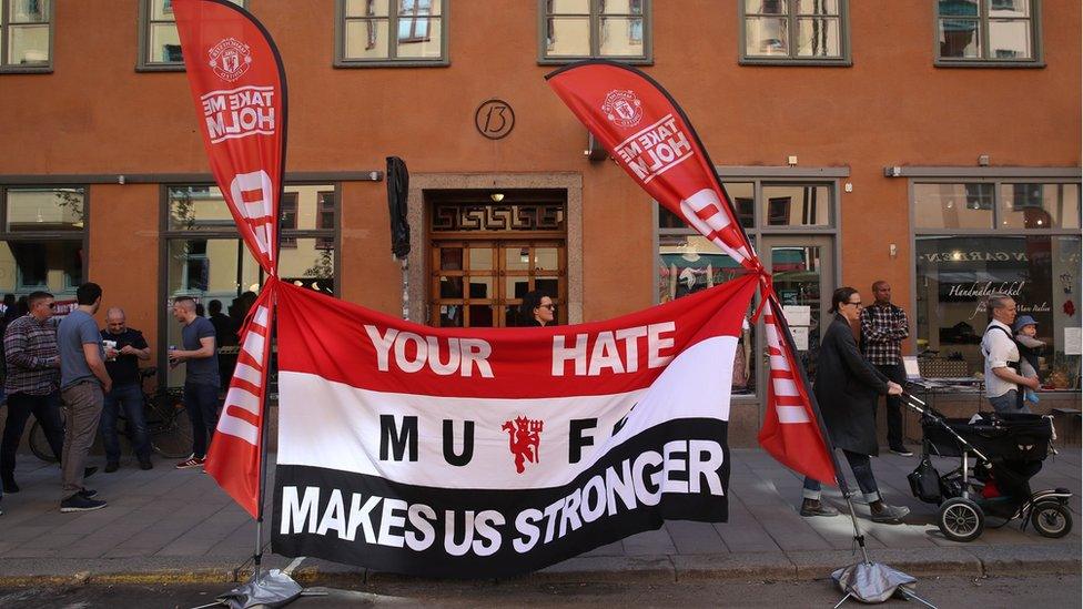 A Manchester United banner in the Rorstrandsgatan fan zone prior the Europa League Final