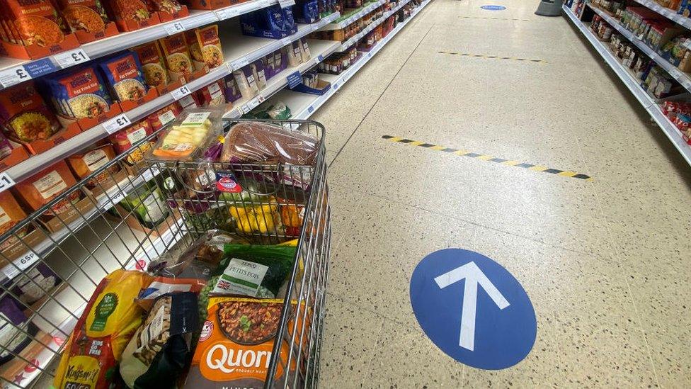 Markers showing 2 metre distance in Tesco